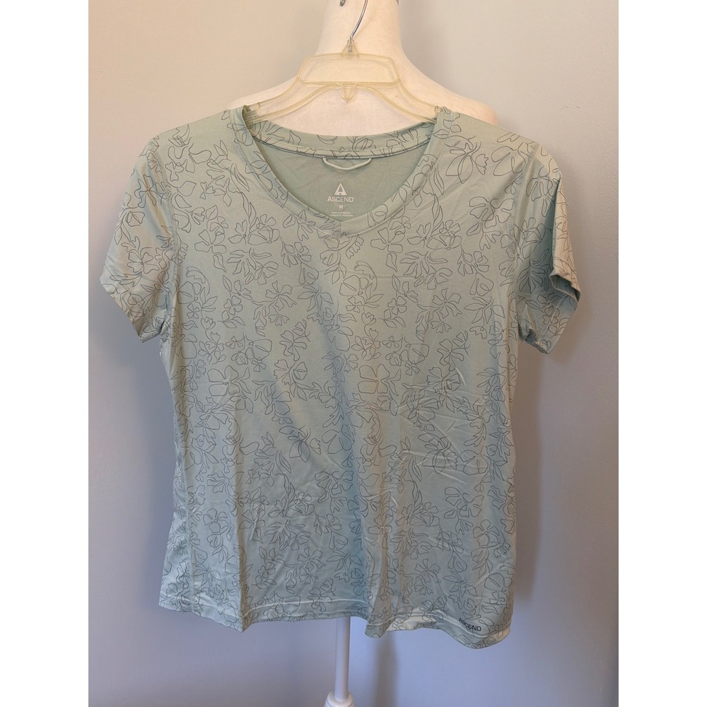 Ascend Womens V-Neck Performance Tee Sage Green Floral Short Sleeve Top Size M